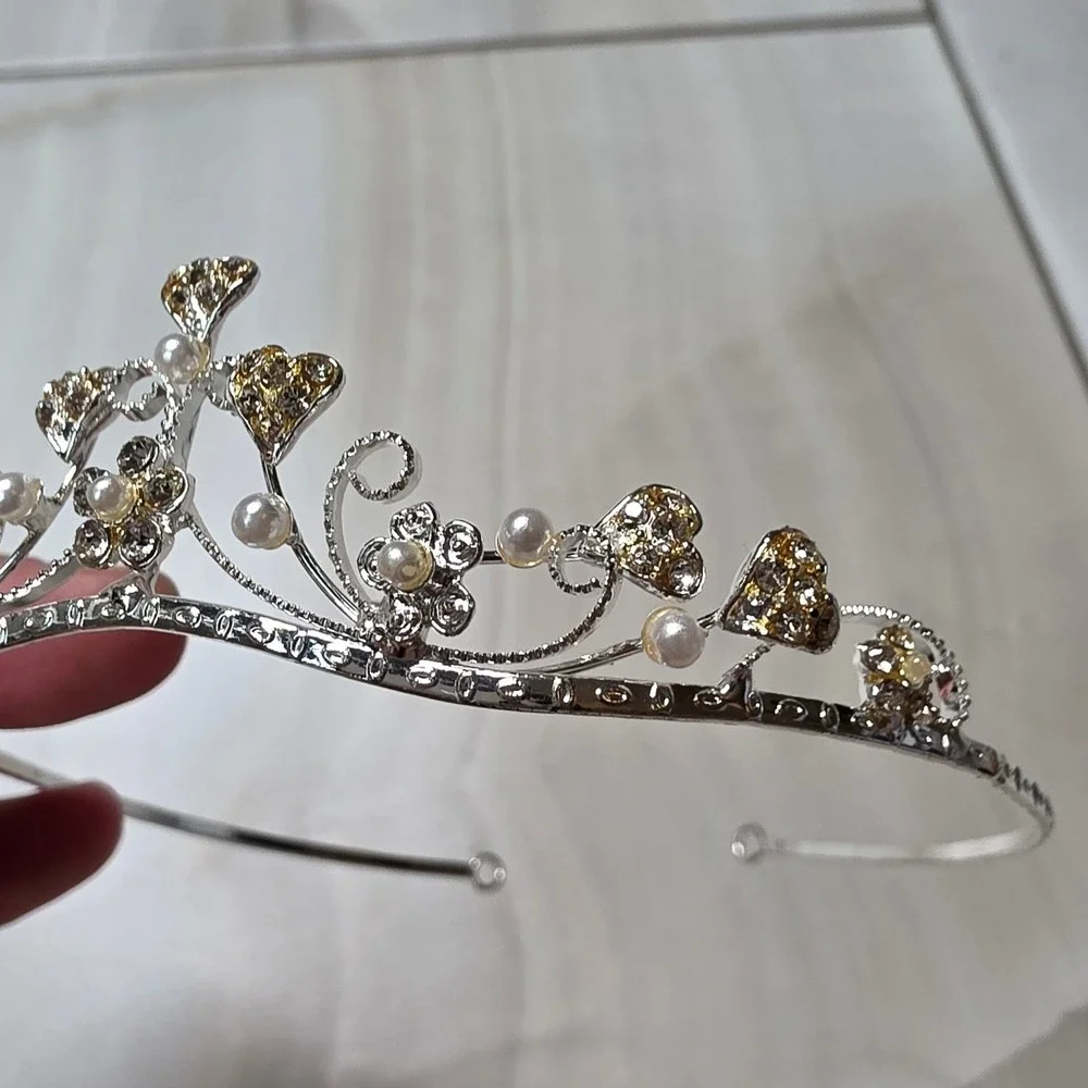 Princess Tiaras Pink Rhinestone Hair Comb and Heart Pearl Headband set of 2 H3